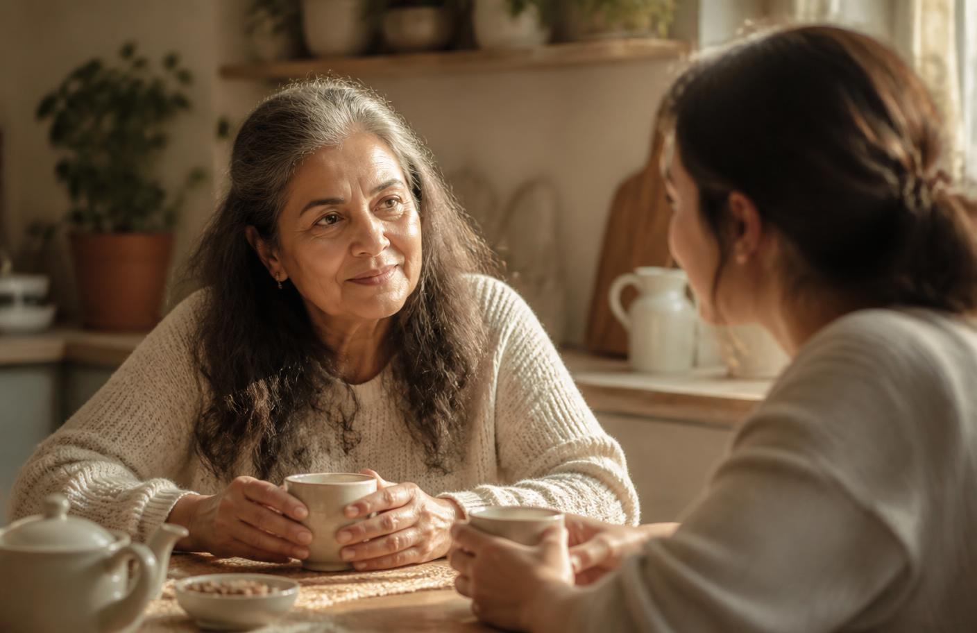 Two people sitting together at a kitchen table with cups of tea, talking calmly